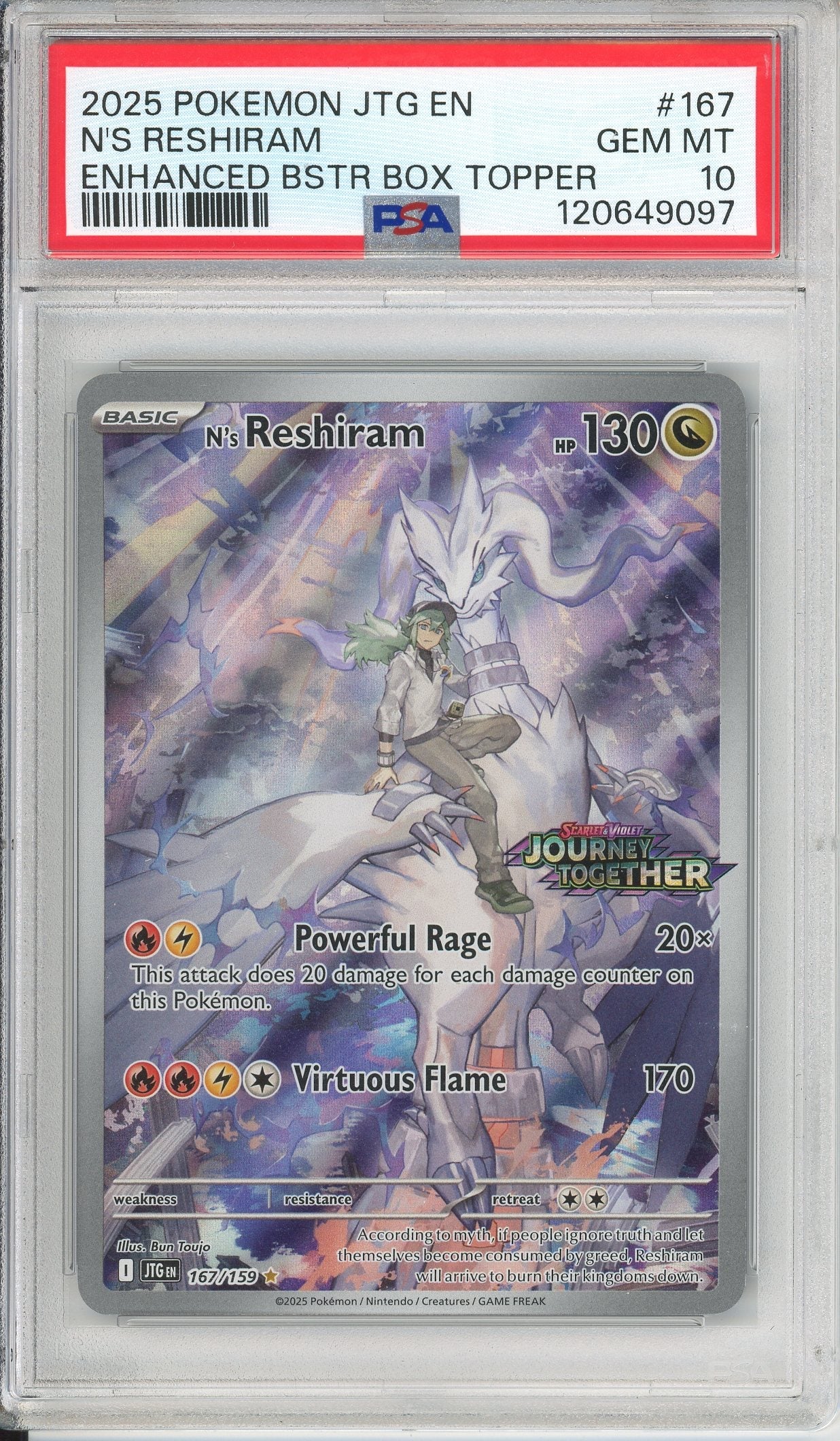 Pokemon Graded: N's Reshiram [Stamped] 167/159 Journey Together Box Topper (2025) Holo PSA 10