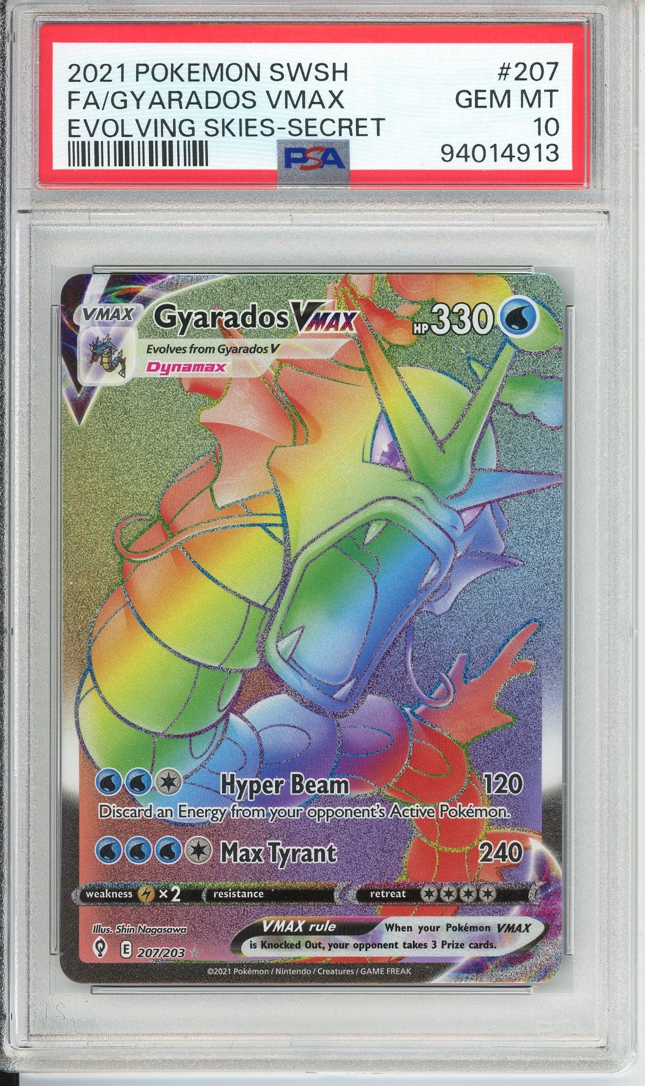 Pokemon Graded: Gyarados VMAX 207/203 Evolving Skies (2021) Rainbow Secret Rare PSA 10