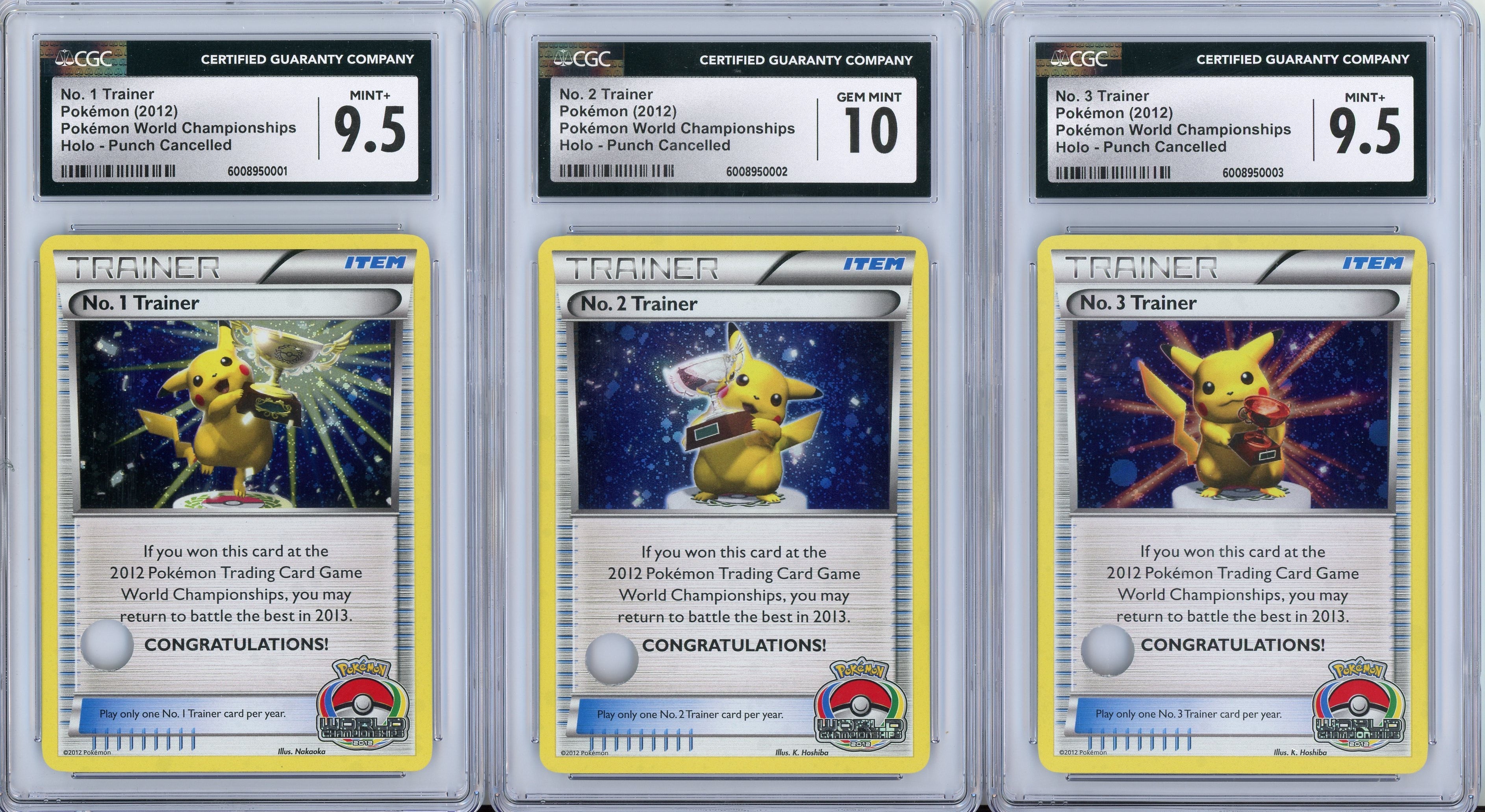 Pokemon Graded: FULL SET World Championships 2012 Trainer No. 1, 2, & 3 Holo Punch Cancelled CGC Graded