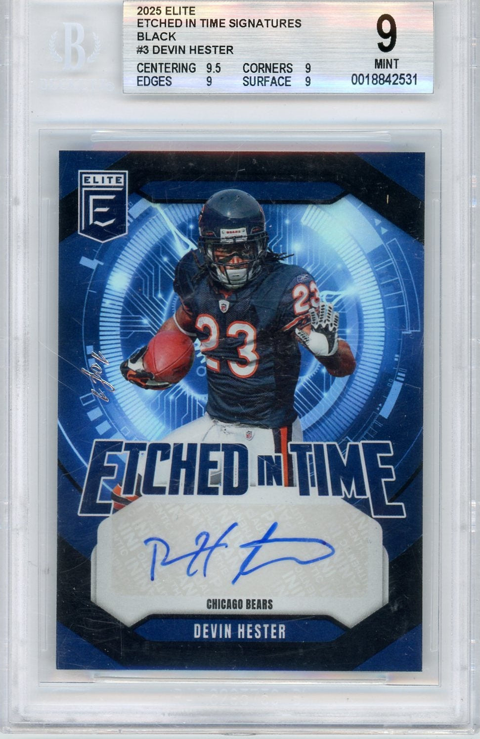Devin Hester 2025 Panini Donruss Elite Etched in Time Signatures #'d 1 of 1 BGS 9