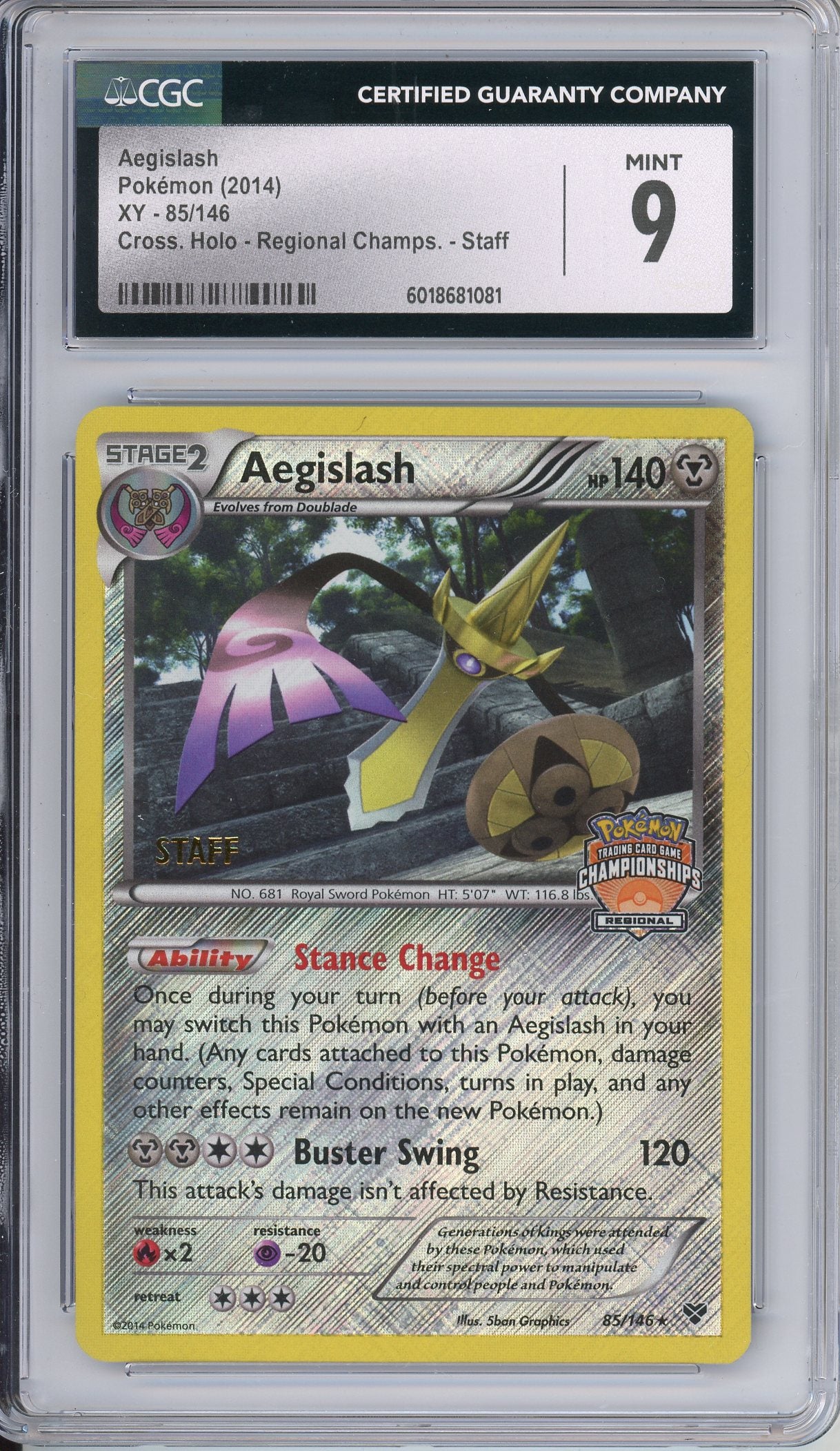 Pokemon Graded: Aegislash 85/146 XY Regional Championship STAFF Holo CGC 9