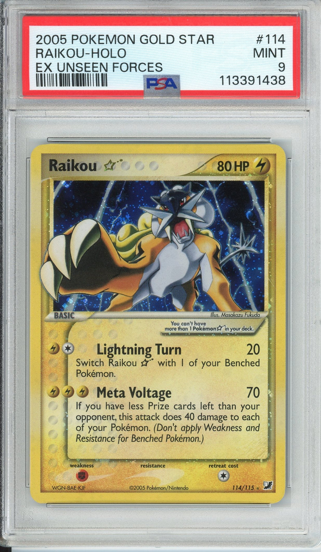 Pokemon Graded: Raikou Gold Star 114/115 Ex Unseen Forces (2005) Holo PSA 9