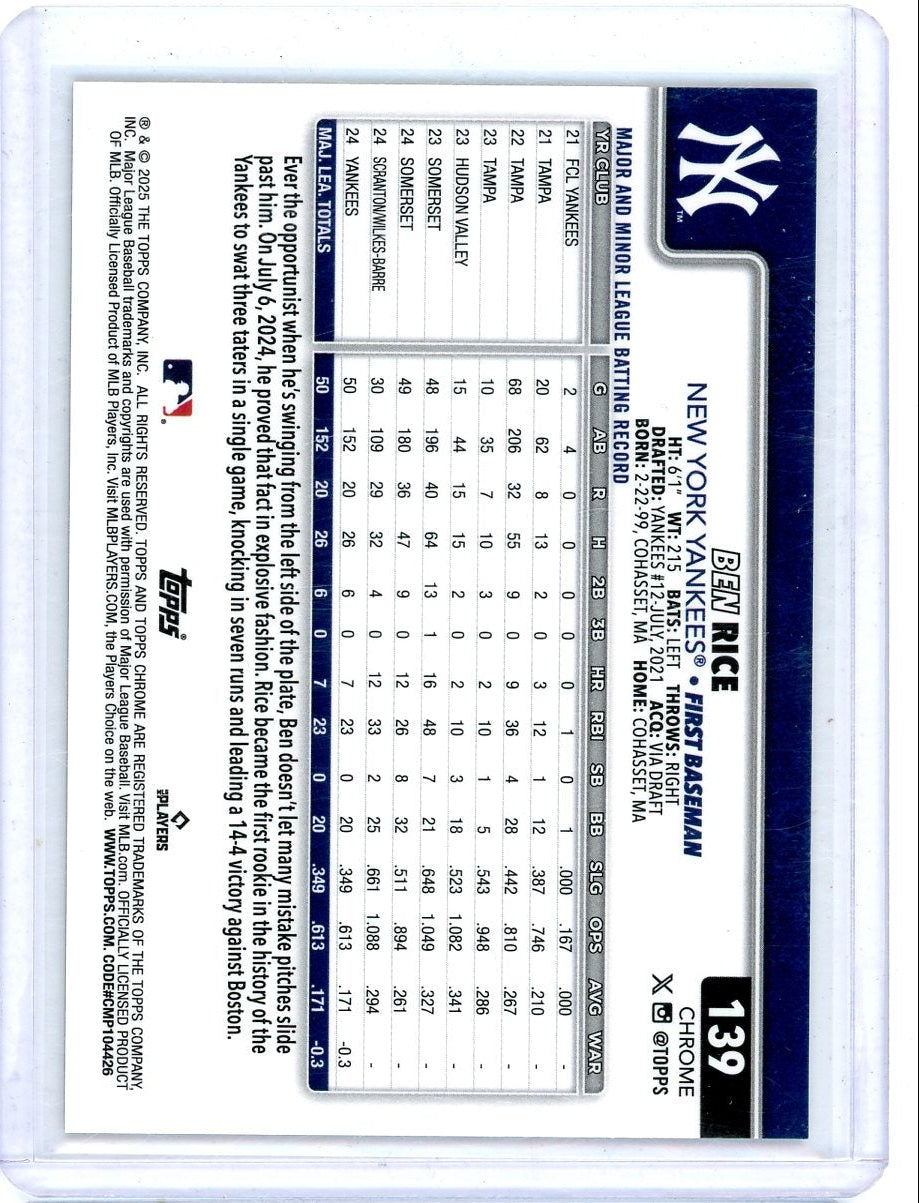 Ben Rice 2025 Topps Chrome Gold Raywave ref. rookie card #'d 42/50