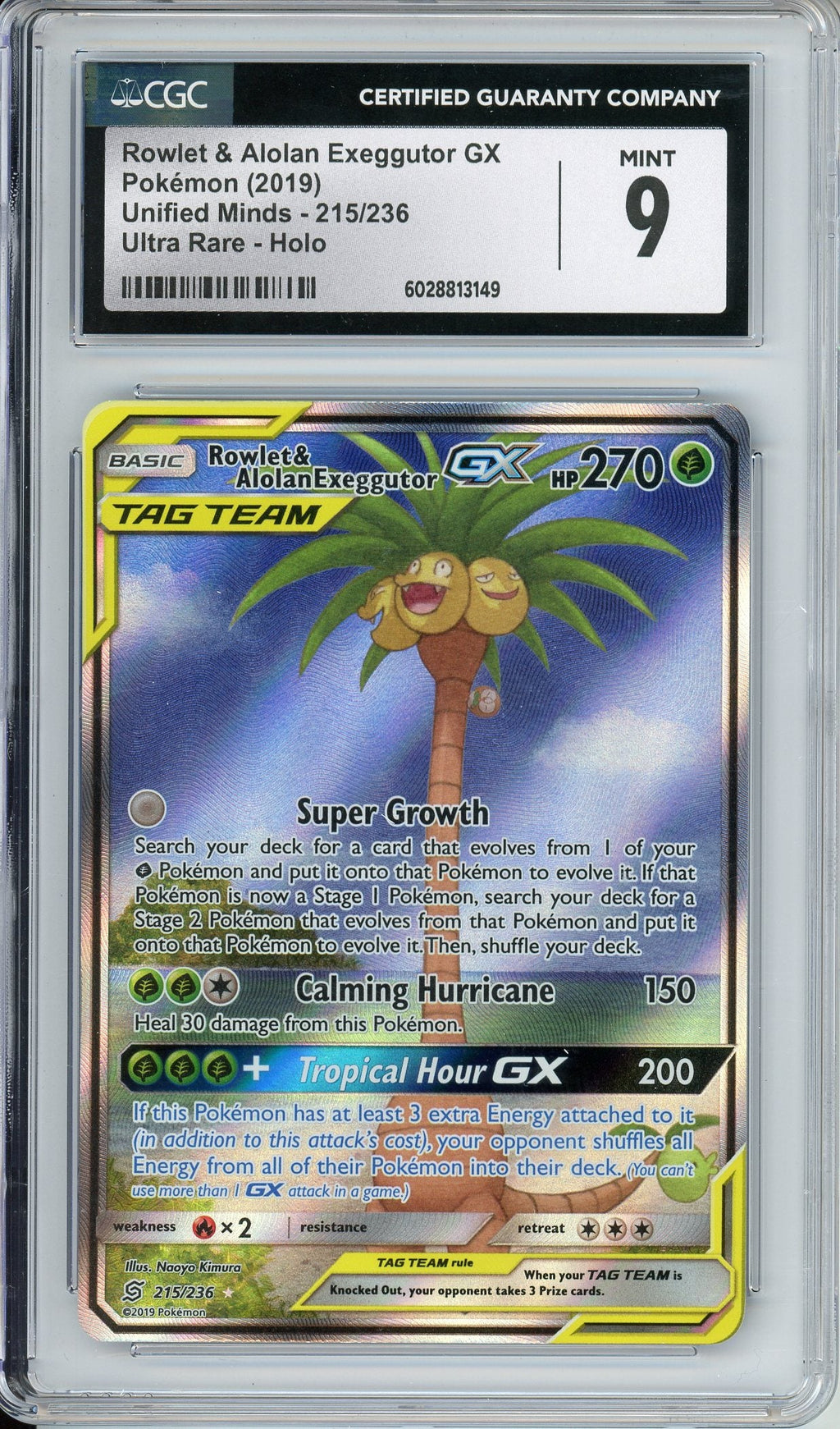 Pokemon Graded: Rowlet & Alolan Exeggutor GX 215/136 Unified Minds (2019) Holo Rare CGC 9