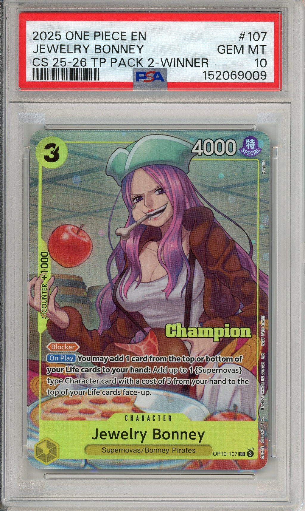 One Piece Graded: Jewelry Bonney OP10-107 Championship 25-26 Winner PSA 10