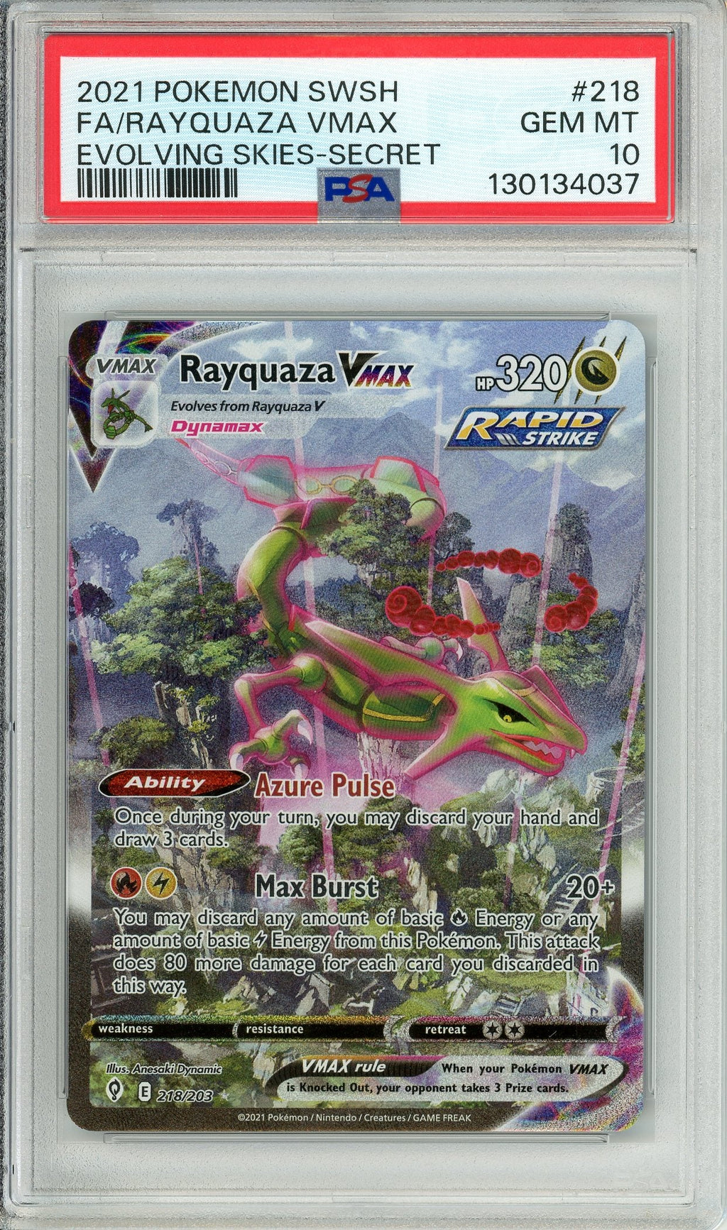 Pokemon Graded: Rayquaza VMAX 218/203 Evolving Skies (2021) Secret Rare Holo PSA 10