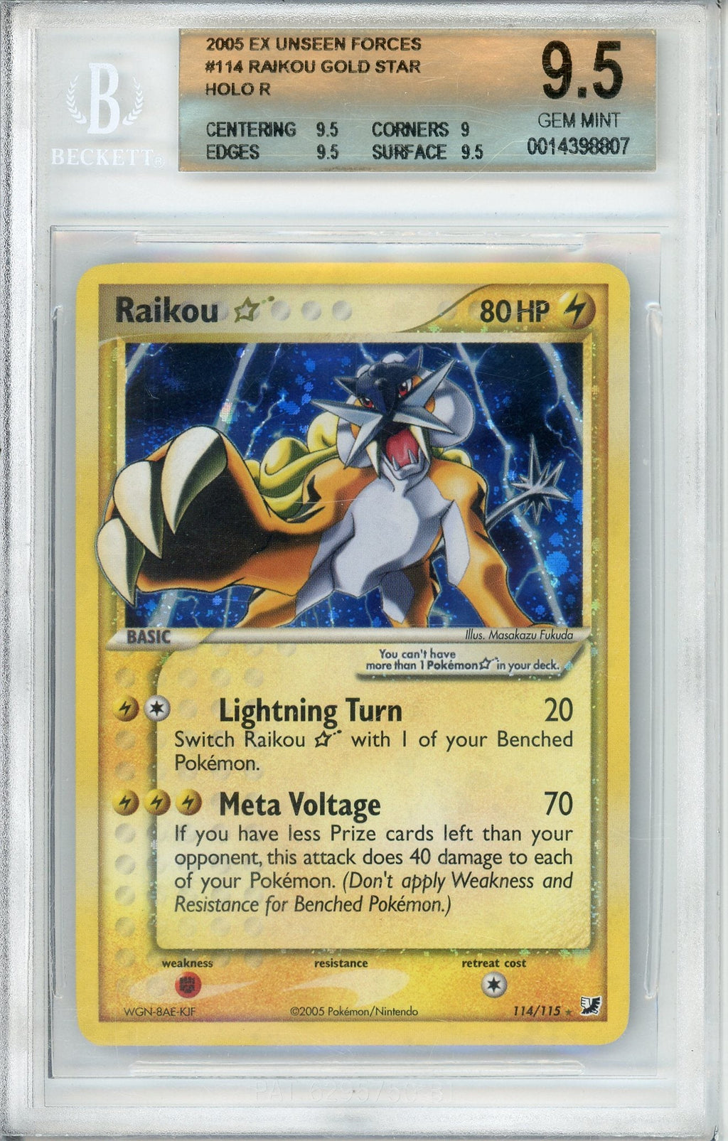 Pokemon Graded: Raikou Gold Star 114/115 Unseen Forces (2006) Holo Beckett 9.5