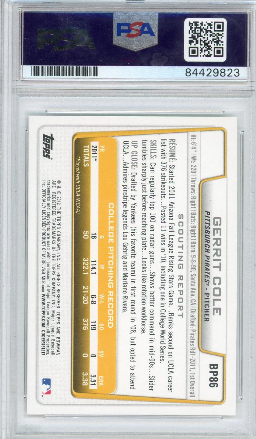 Gerrit Cole 2012 1st Bowman IP autograph PSA/DNA Certified Authentic
