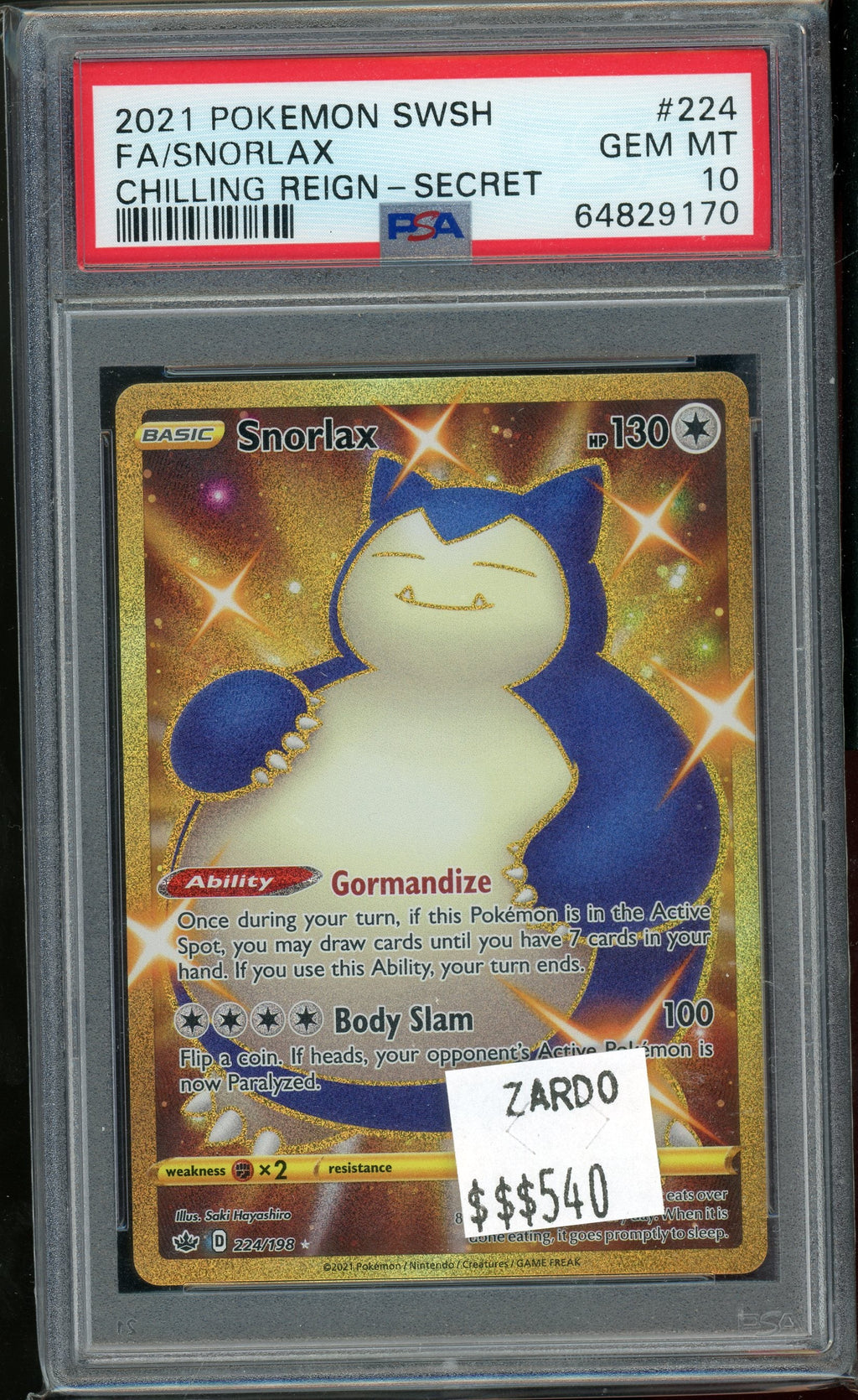 PSA 10 FA/SNORLAX CHILLING REIGN-SECRET