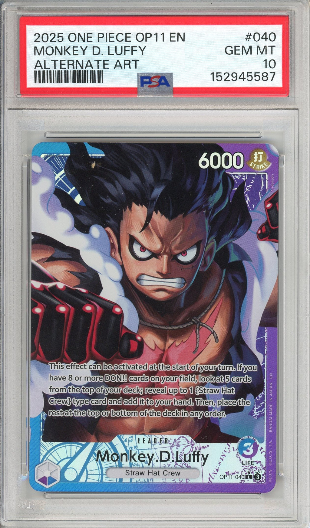 One Piece Graded: Monkey D. Luffy OP11-040 Fist Of Divine Speed Leader Alt Art PSA 10