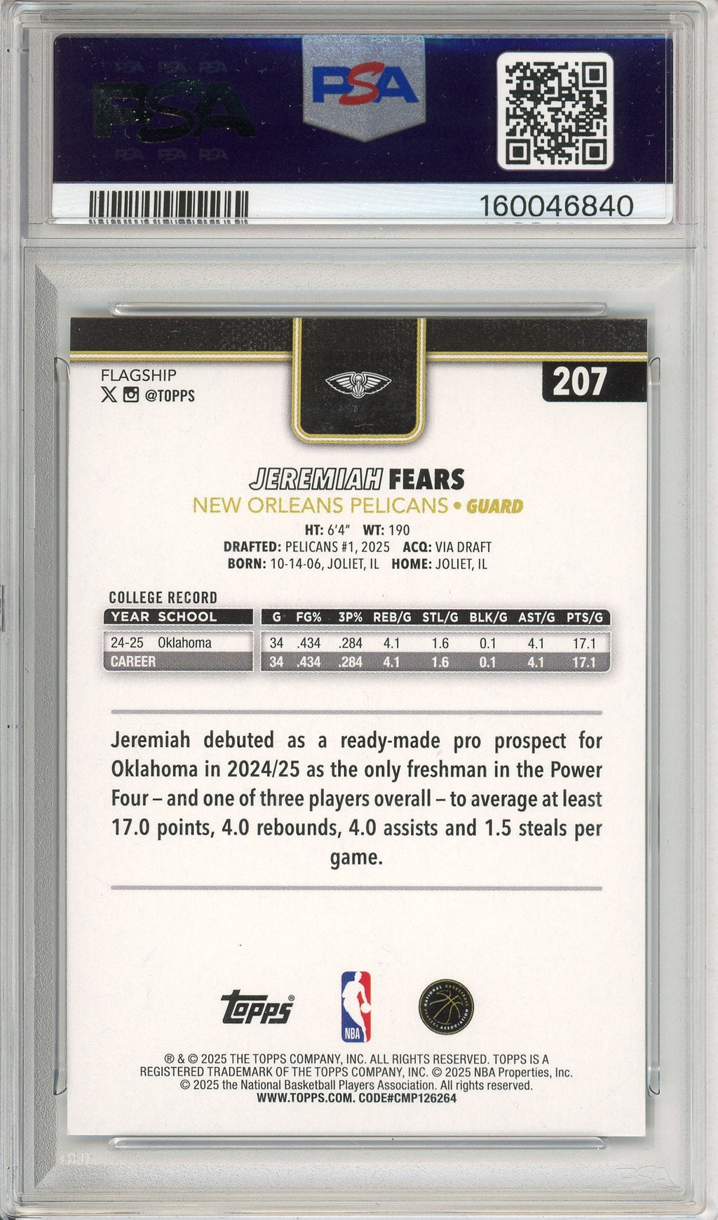 Topps Graded: Jeremiah Fears #207 Blackout (2025) PSA 10