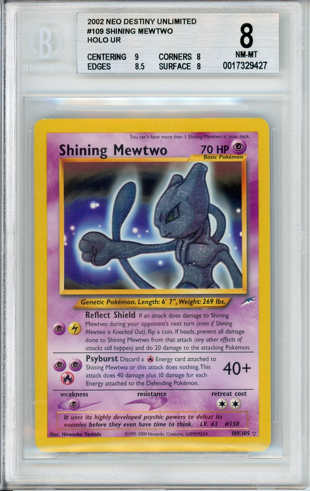 Pokemon Graded: Shining Mewtwo 109/105 Neo Destiny Unlimited (2002) Holo Beckett 8