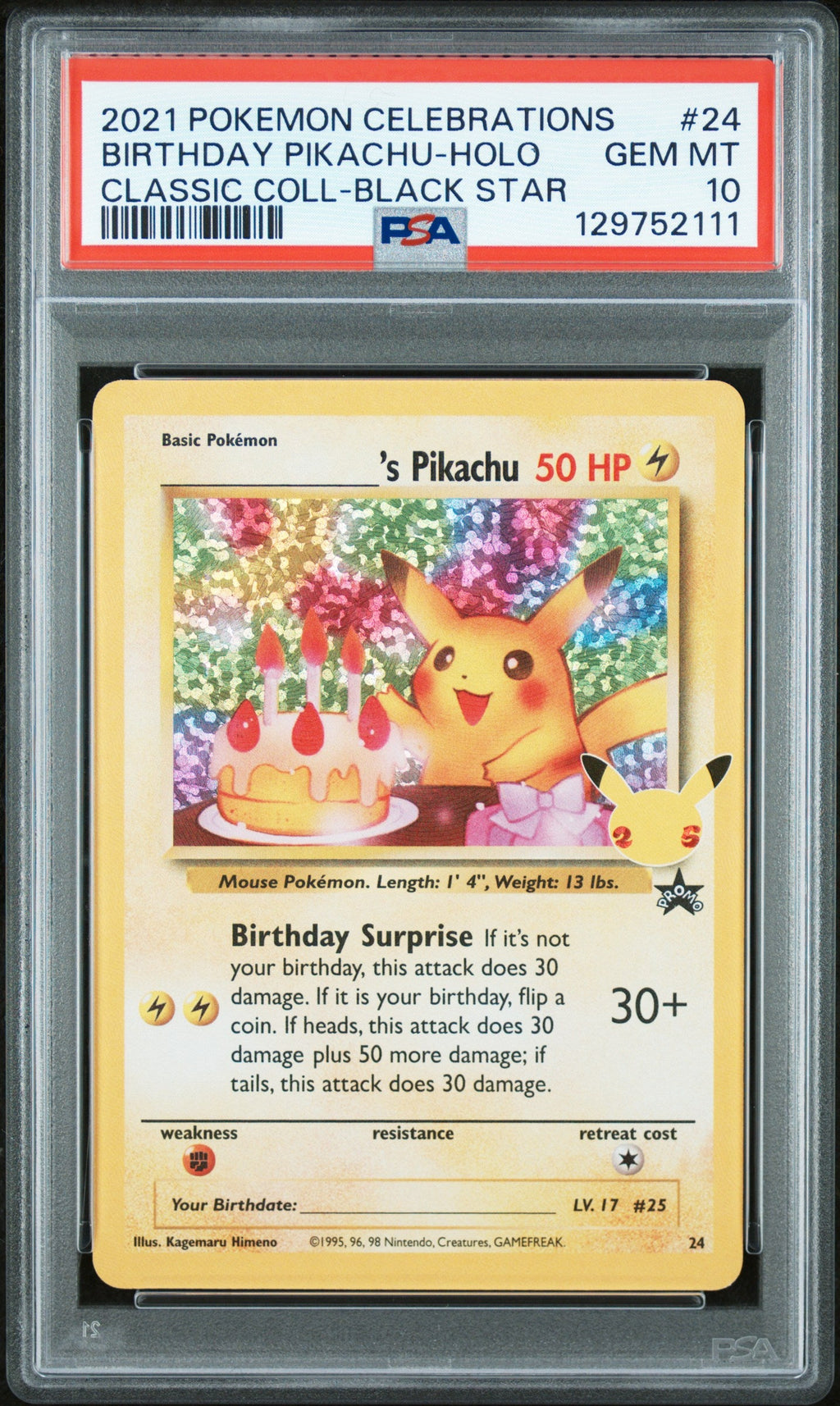 BIRTHDAY PIKACHU-HOLO CLASSIC COLL-BLACK STAR 2021 POKEMON CELEBRATIONS CLASSIC COLLECTION PSA GEM MT 10