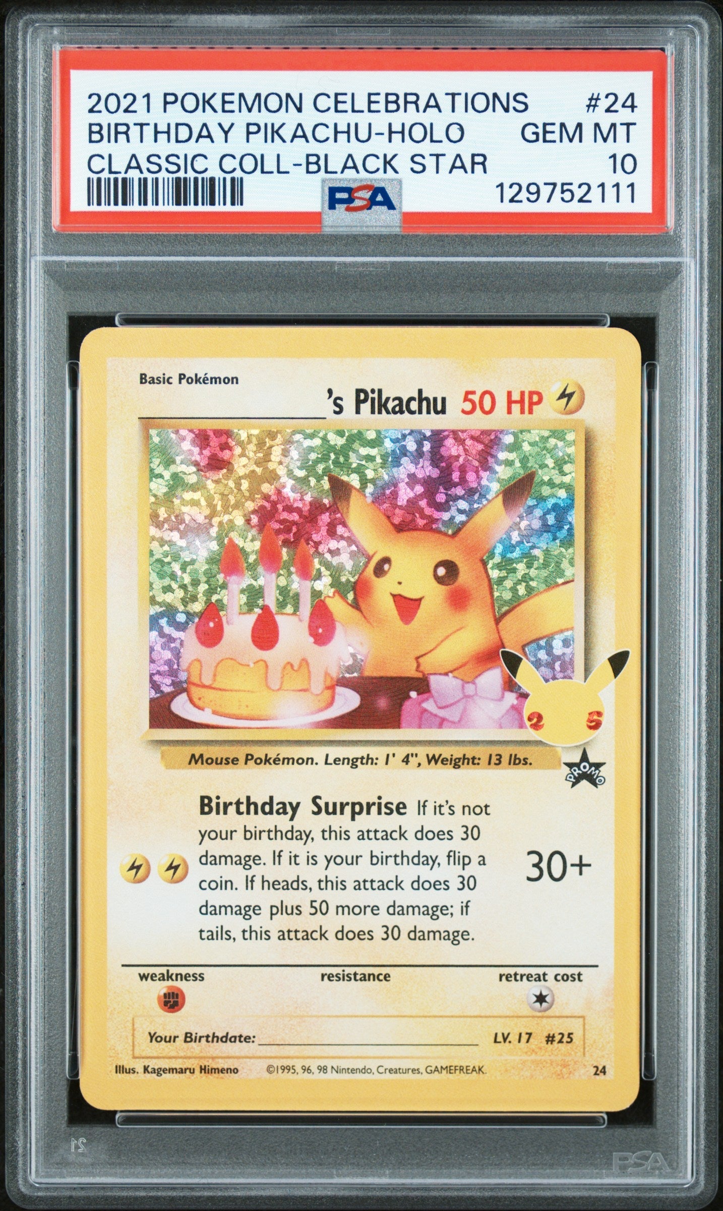 BIRTHDAY PIKACHU-HOLO CLASSIC COLL-BLACK STAR 2021 POKEMON CELEBRATIONS CLASSIC COLLECTION PSA GEM MT 10