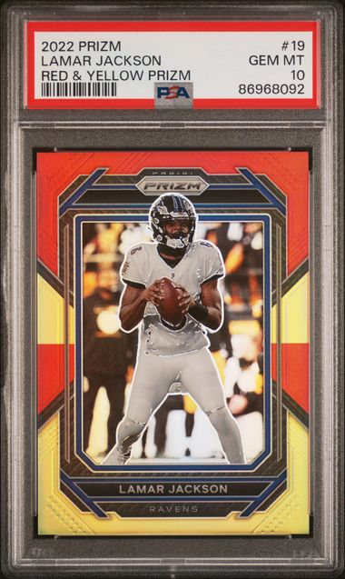 2022 Panini Prizm - Lamar Jackson 19 - Red & Yellow Prizm /44 - PSA 10