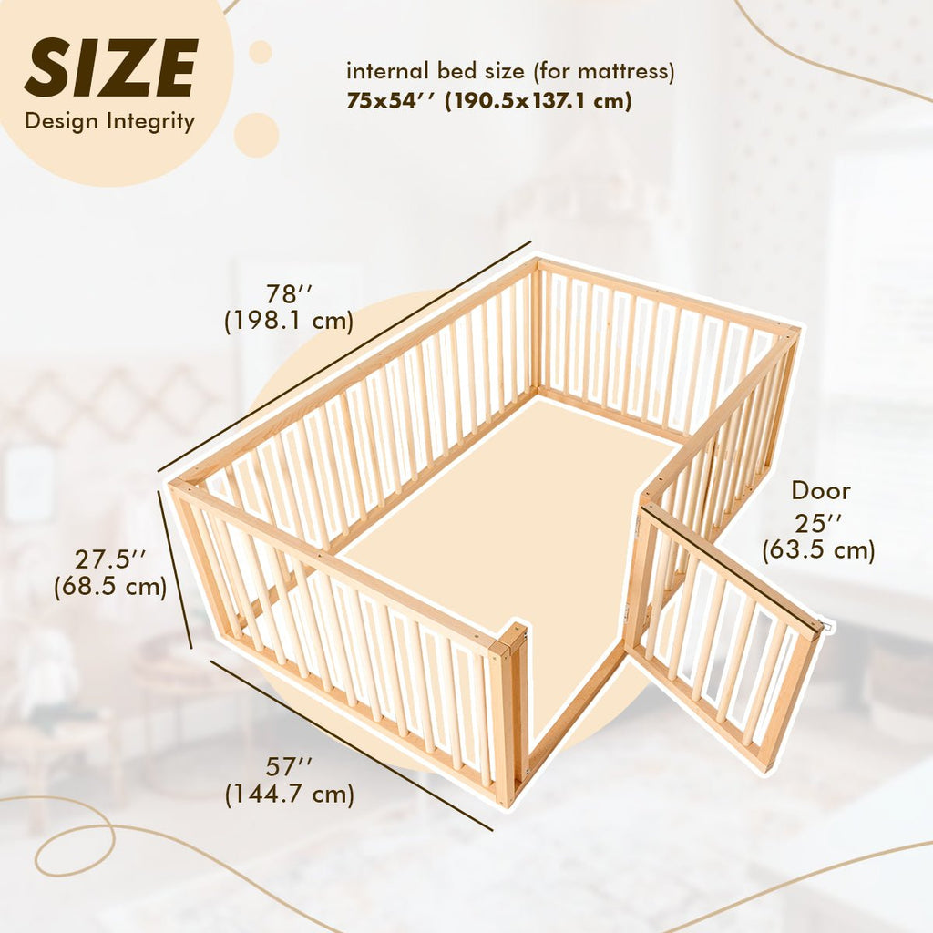 Full Montessori Floor Bed Frame for Toddlers with Fence