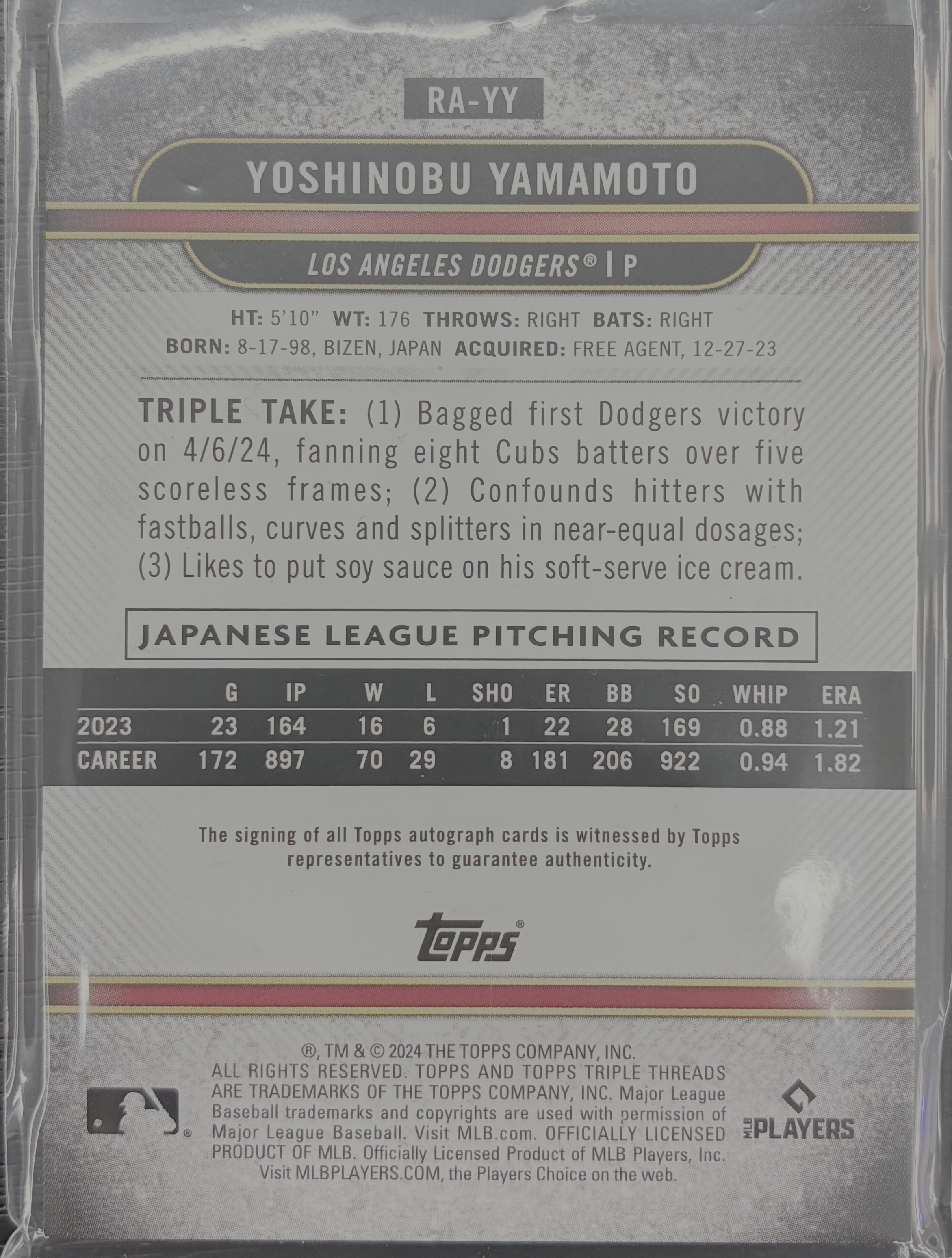2024 Topps Triple Threads Baseball - Yoshinobu Yamamoto Rookie Autograph 08/25