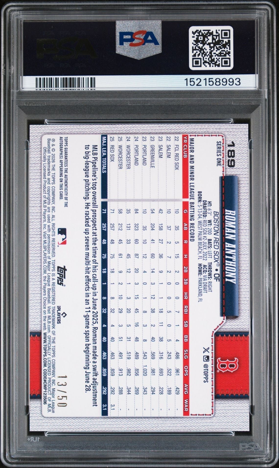 Roman Anthony 2026 Topps Series 1 autograph gold foil rookie card #'d 13/50 PSA 9