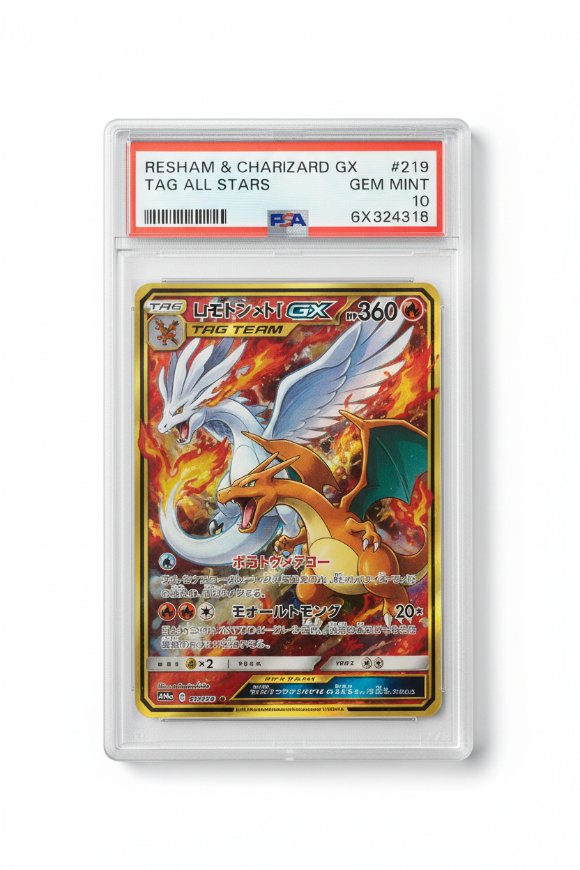 RSHRM. & CHARIZARD GX TAG TEAM GX ALL STARS 2019 POKEMON JAPANESE SUN & MOON TAG TEAM GX ALL STARS PSA GEM MT 10