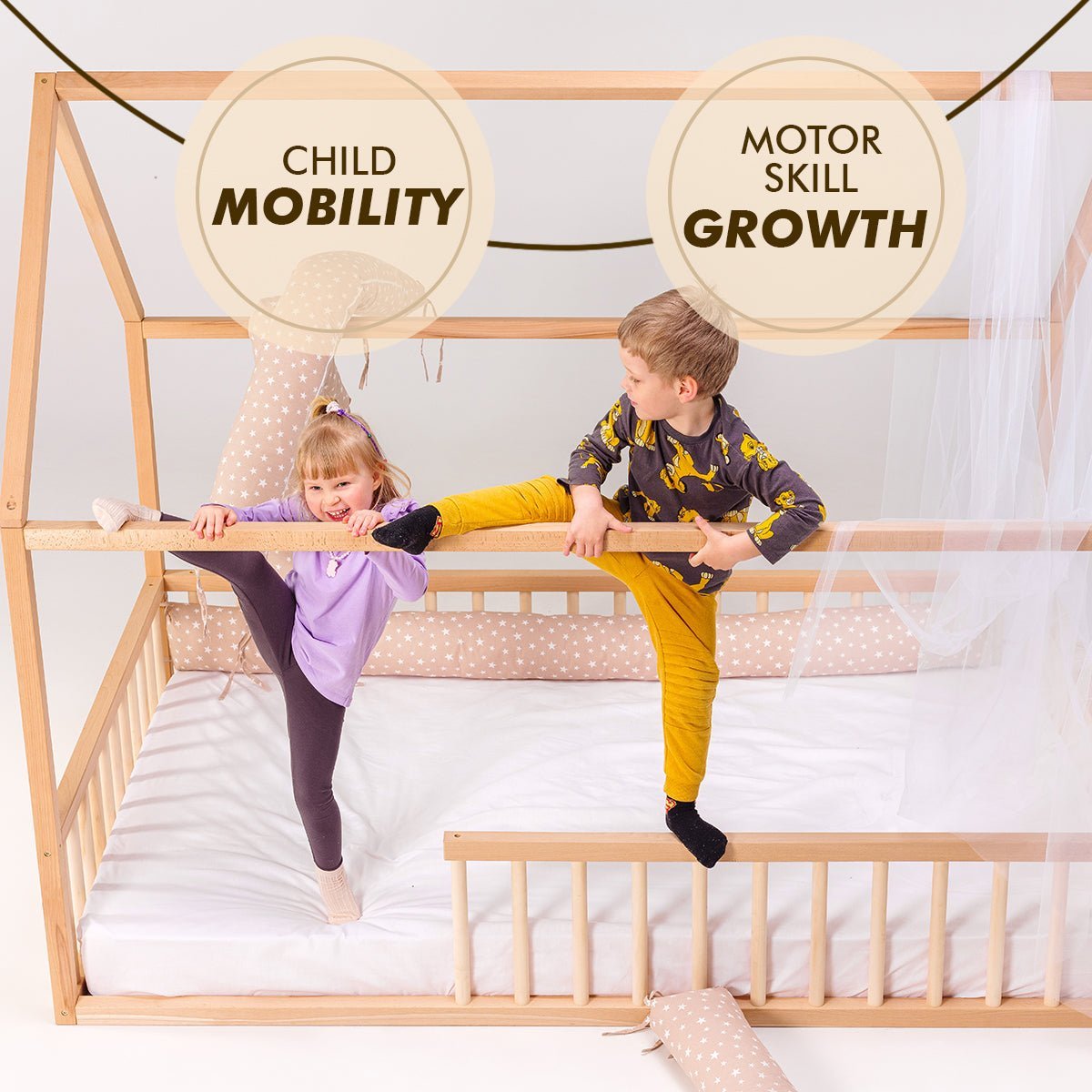 Twin Size Montessori House Bed for Kids with Fence