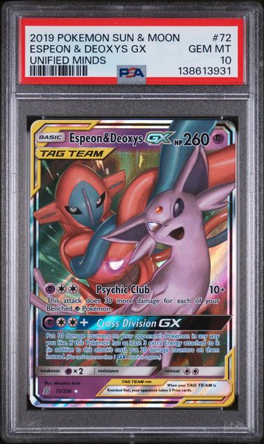 Espeon & Deoxys GX #72 Unified Minds PSA 10